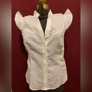 Tweeds - Fitted, White, Linen, Flutter Sleeve, button-down blouse w/ eyelet deco